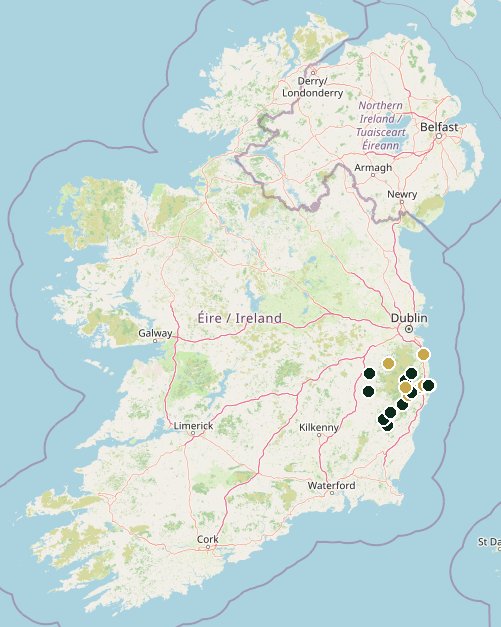 Map of Ireland showing live AudioToursIreland tour locations, concentrated in County Wicklow